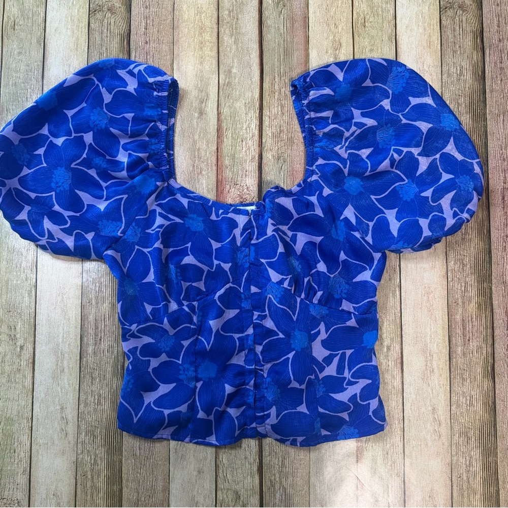 Sienna Sky Royal Blue Floral Puff-Sleeve Crop Top